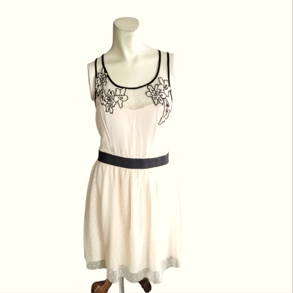 NARANKA Vintage Creamy Pink & Black Dress Sleeveless Sheer Lined Medium